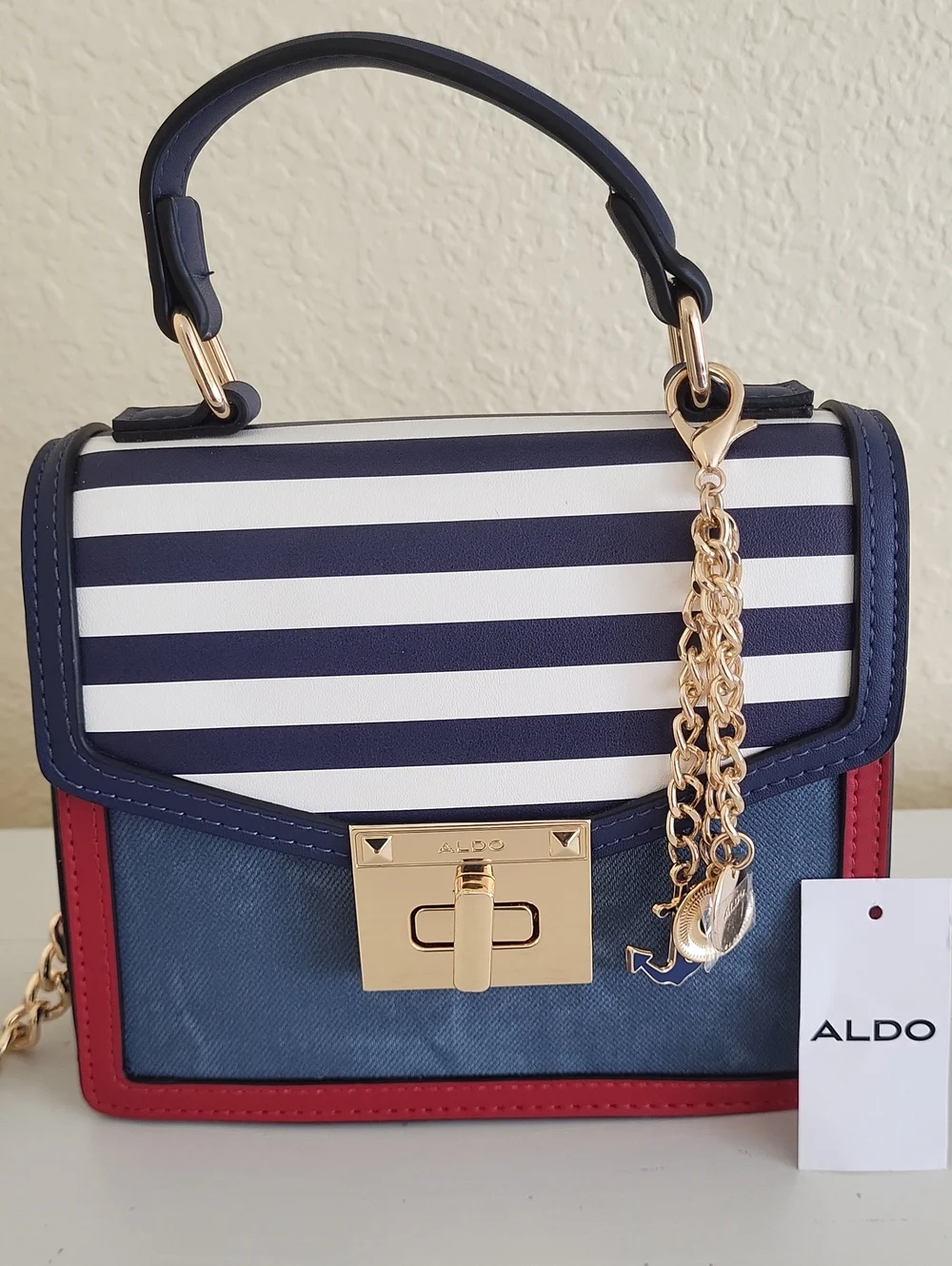 Aldo Navy White  Striped Top-Handle Mini Satchel/Crossbody